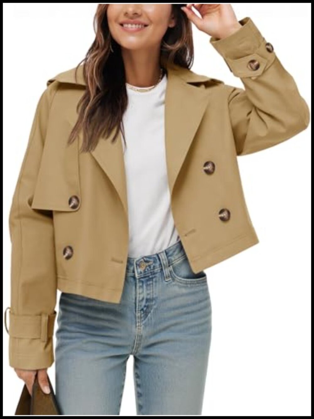 Womens Cropped Trench Coat Oversized Double Breasted Notch Lapel Loose Fit